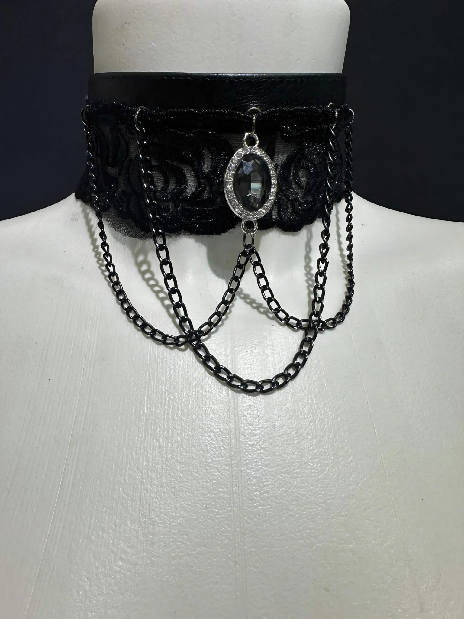 Renaissance Eclipse black lace necklace with arcing black chains and central crystal – view 3