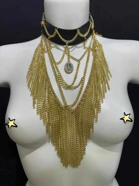 Vampirica Gold statement necklace with cascading gold chains and central pendant