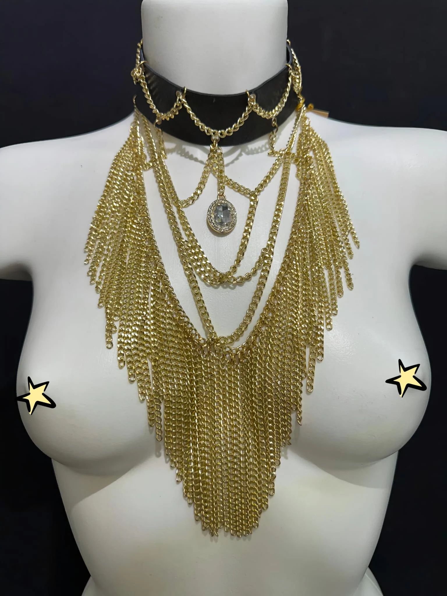 Vampirica Gold statement necklace with cascading gold chains and central pendant