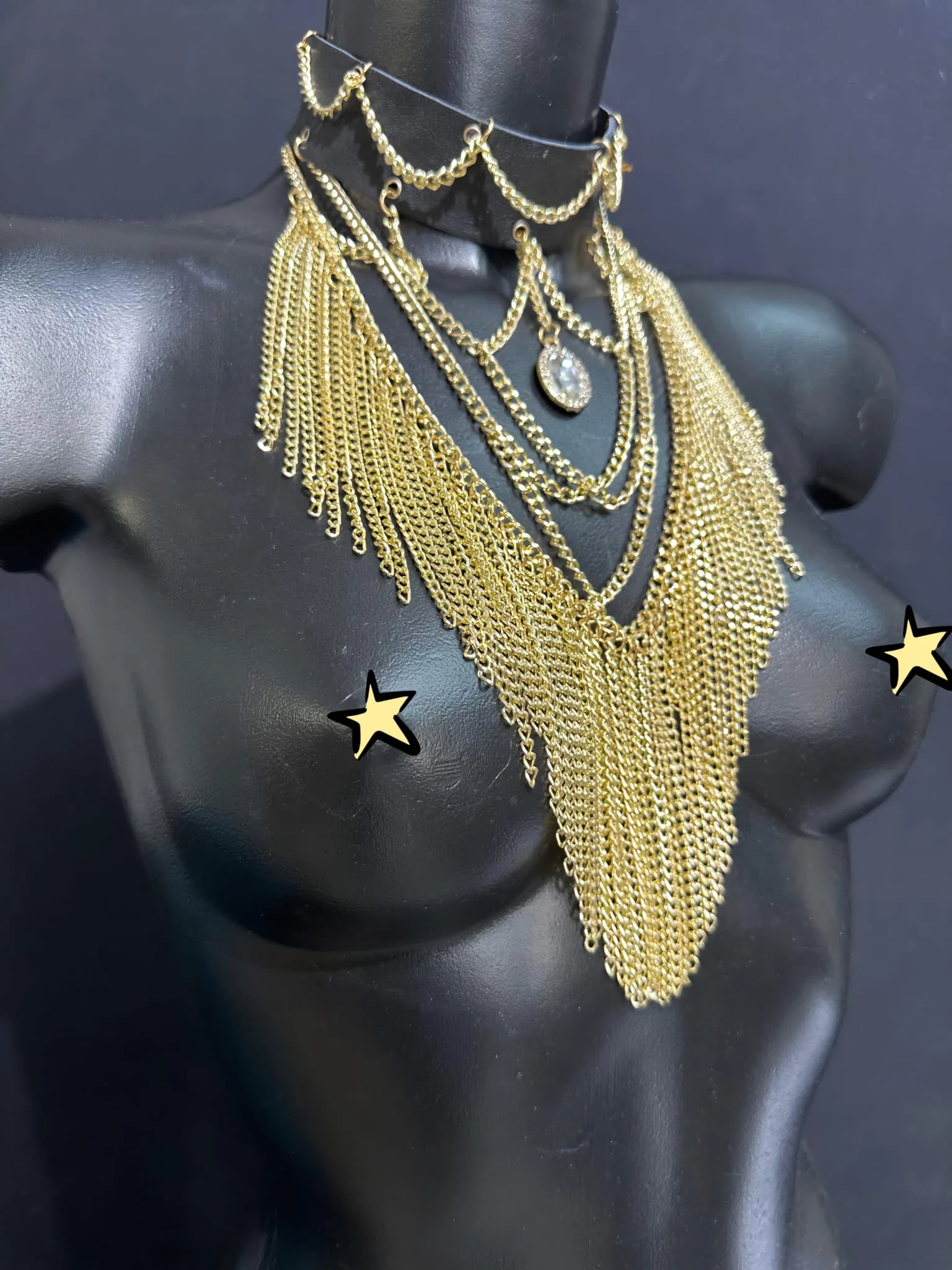 Vampirica Gold statement necklace with cascading gold chains and central pendant – view 2