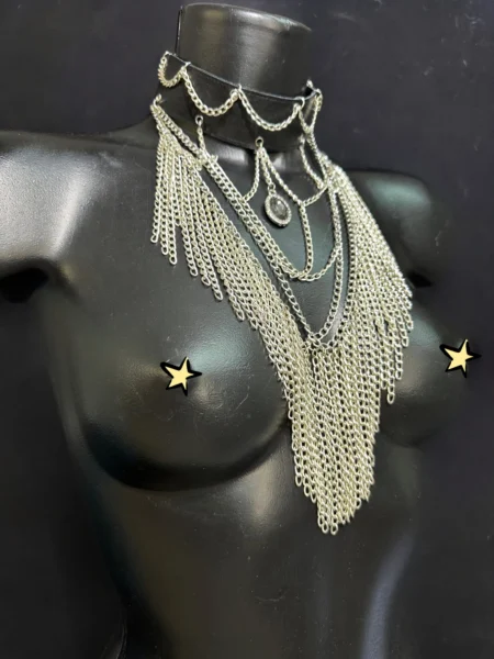 Vampirica Silver statement necklace with layered cascading chains and central pendant – view 2