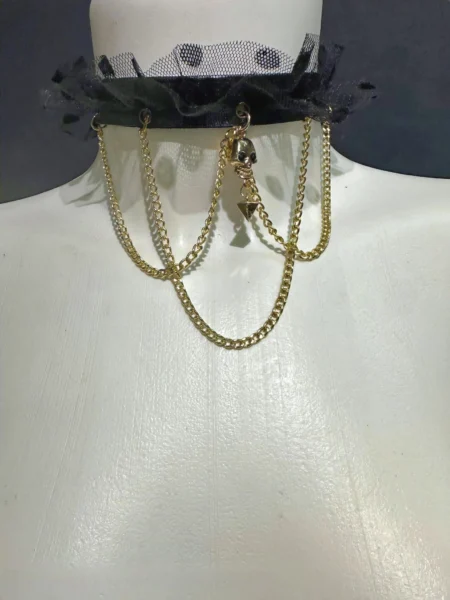 Renaissance Shadow black tulle choker with gold chains and skull charm