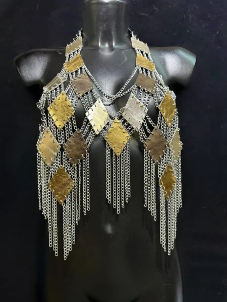 Cosmo silver and gold leather chain top with diamond tiles and chain fringes