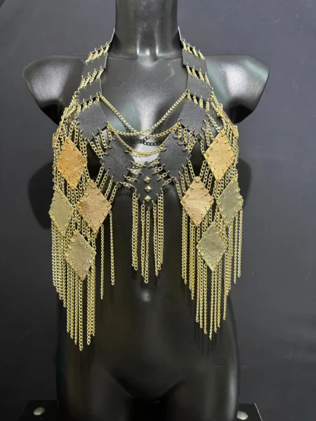 Cosmo Solaris black leather top with layered gold chain fringe