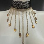 Lacrima Royale Gold Aurora choker with golden chains, crystal teardrops and black lace