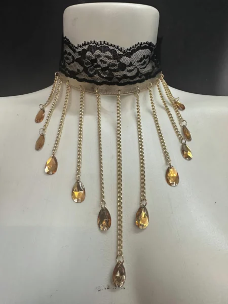 Lacrima Royale Gold Aurora choker with golden chains, crystal teardrops and black lace
