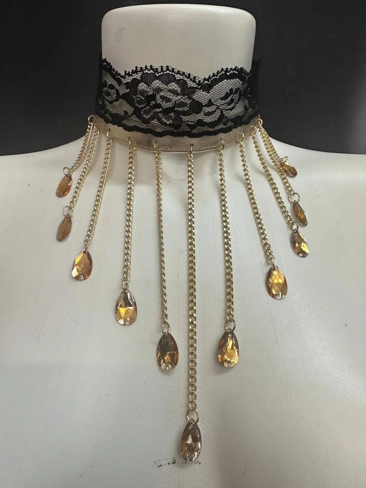 Lacrima Royale Gold Aurora choker with golden chains, crystal teardrops and black lace