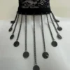 Lacrima Royale Noir black lace choker with velvet details and jet-black teardrop chains