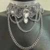 Frost Queen silver leather choker with lace, layered chains and crystal-cut stones