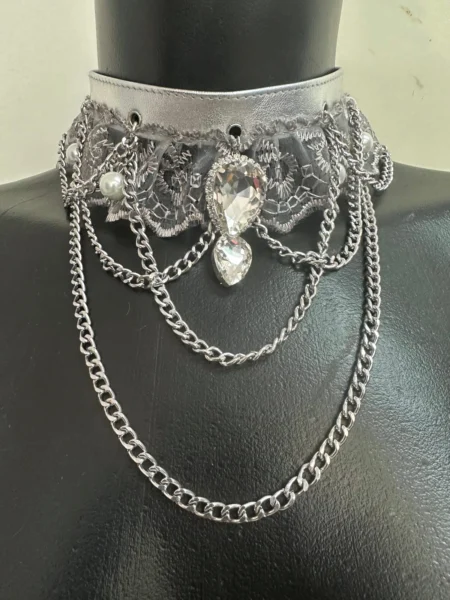 Frost Queen silver leather choker with lace, layered chains and crystal-cut stones