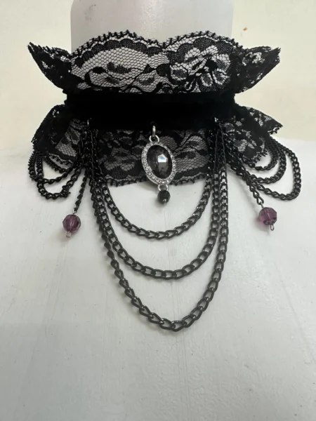 Midnight Lace Royale black lace choker with cascading chains and black discs