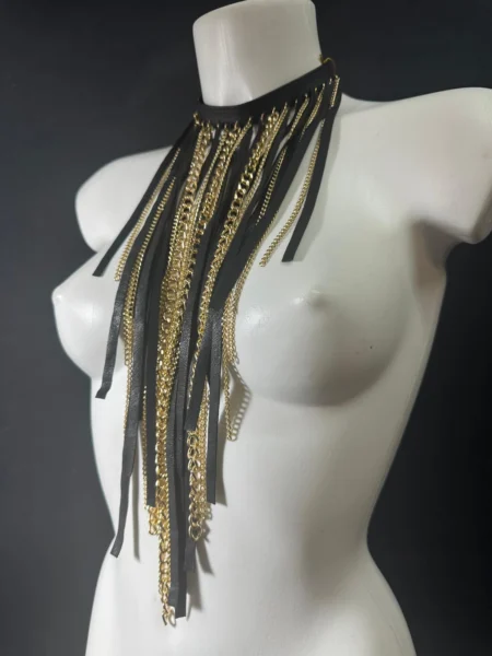 Black leather Niagara necklace with cascading gold chain waterfall – view 2