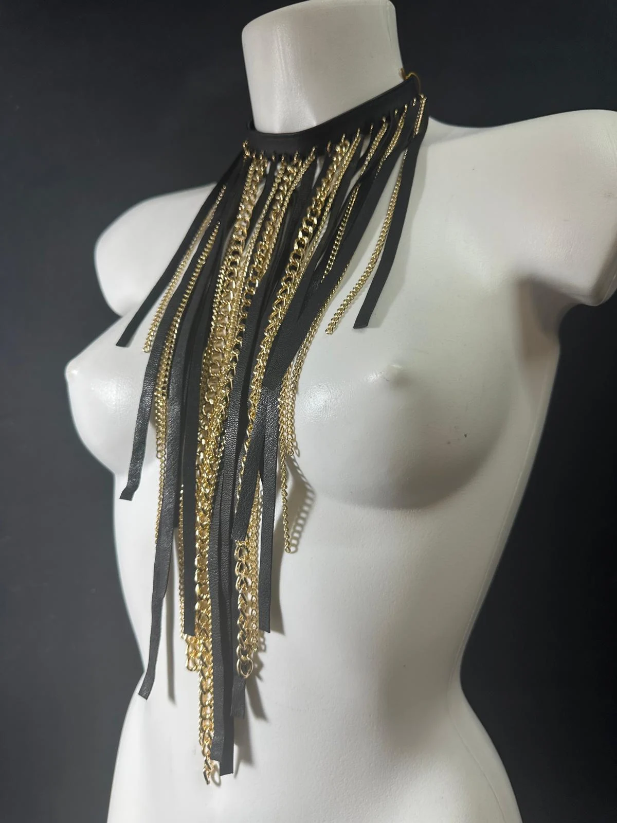Black leather Niagara necklace with cascading gold chain waterfall – view 2