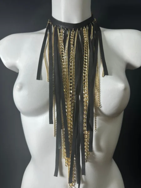 Black leather Niagara necklace with cascading gold chain waterfall