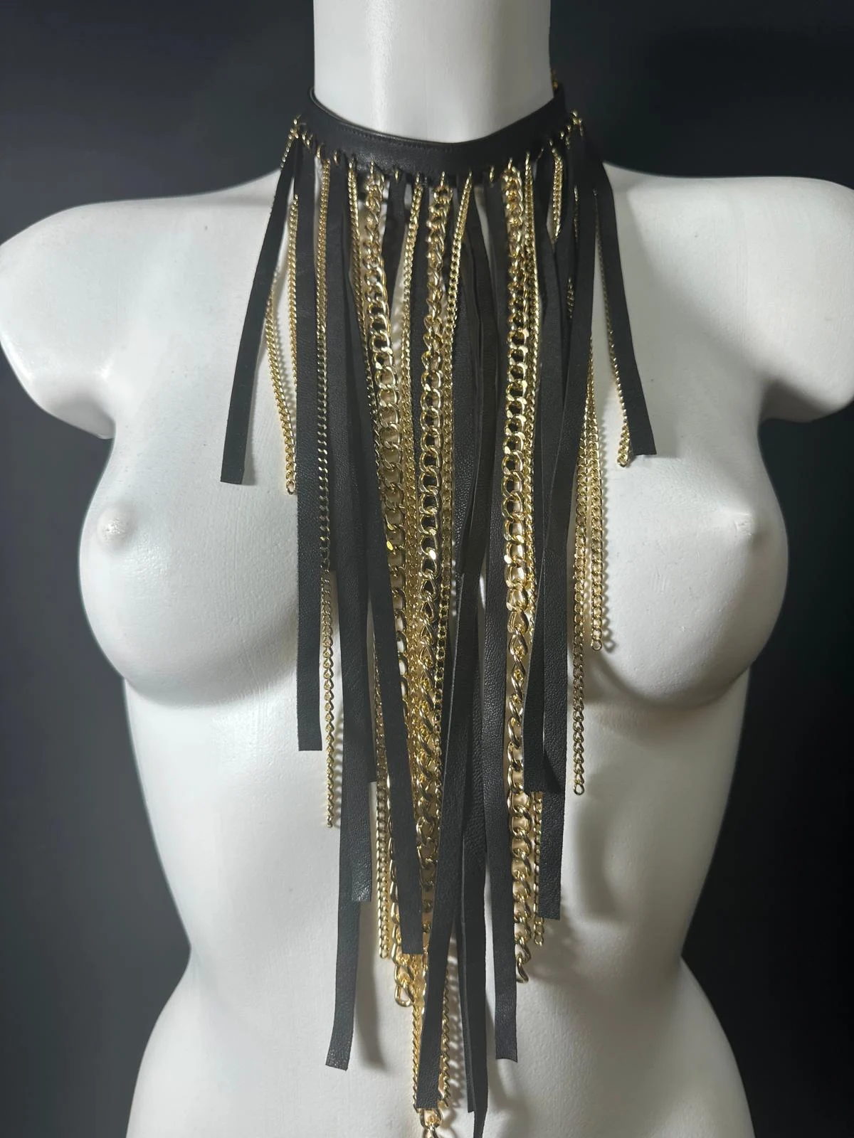 Black leather Niagara necklace with cascading gold chain waterfall