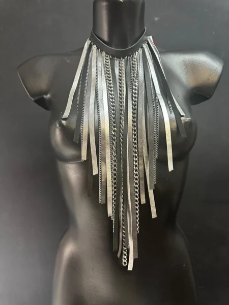 Black leather Niagara necklace with cascading silver chain waterfall