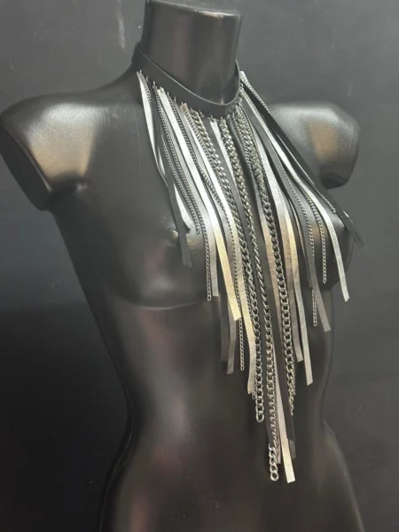 Black leather Niagara necklace with cascading silver chain waterfall – view 2