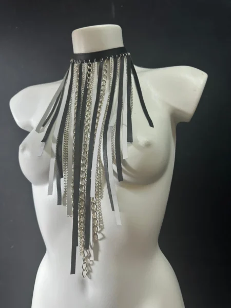 Black and white leather Niagara statement necklace with silver chain waterfall – view 2