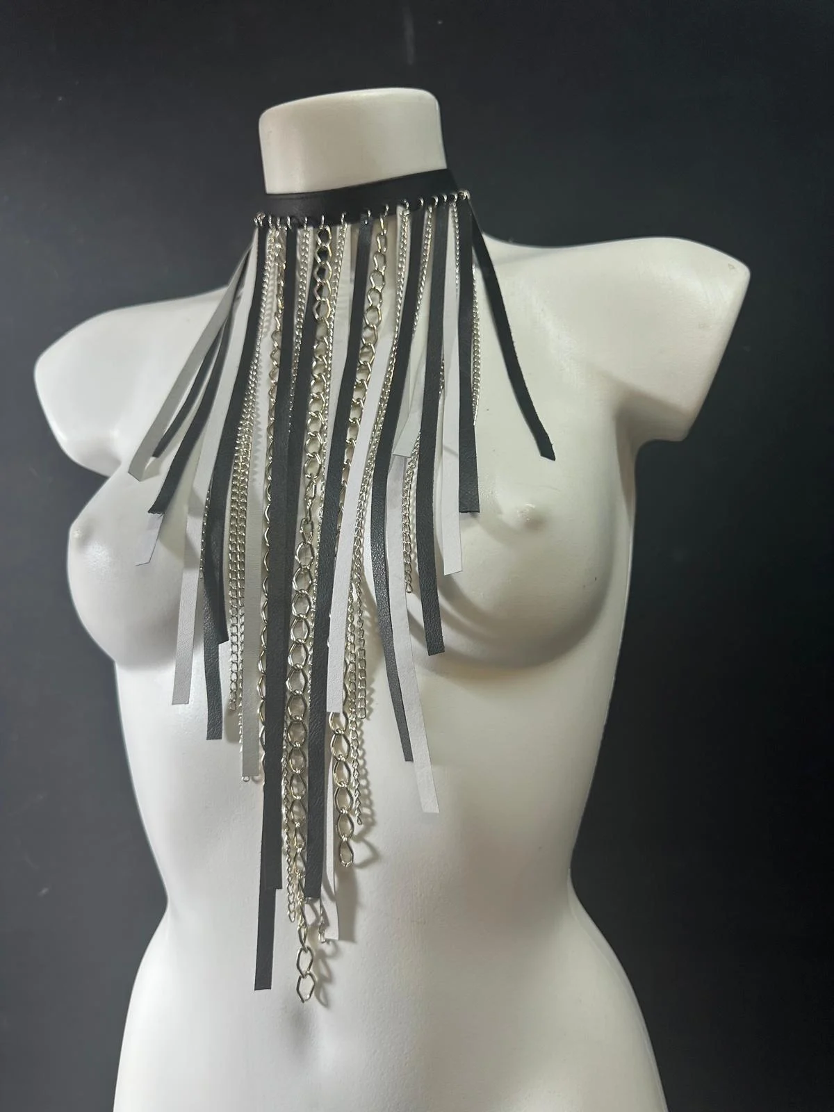 Black and white leather Niagara statement necklace with silver chain waterfall – view 2