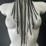 Black and white leather Niagara statement necklace with silver chain waterfall