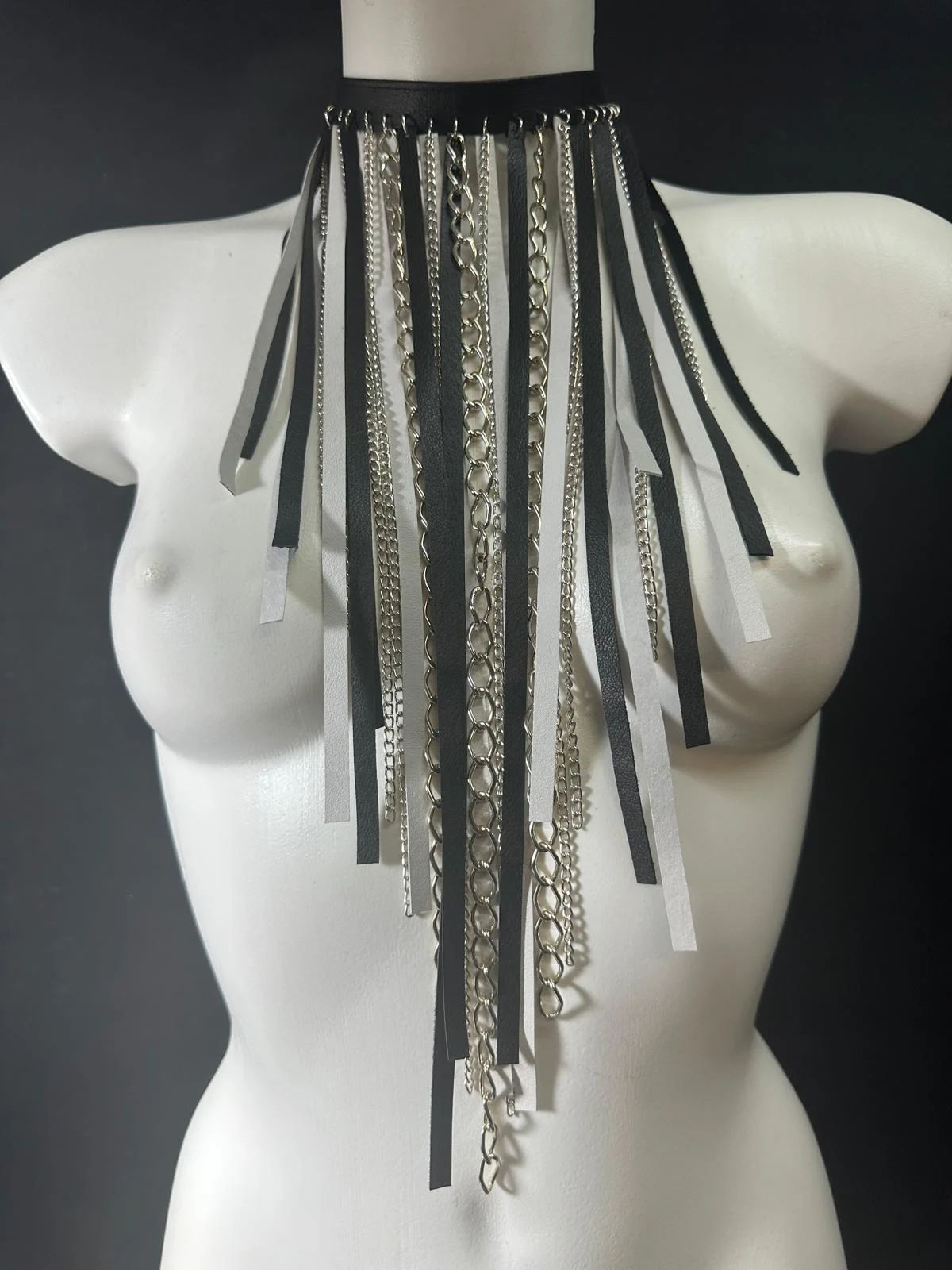 Black and white leather Niagara statement necklace with silver chain waterfall