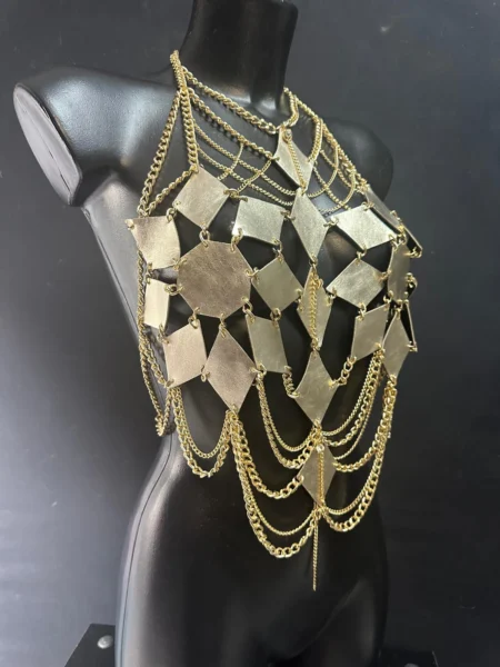Farfalla gold leather chain top with butterfly-inspired panels and cascading gold chains – view 2