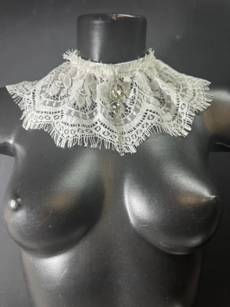 Ivory Victorian lace choker with ruffled collar, crystal pendant and chain