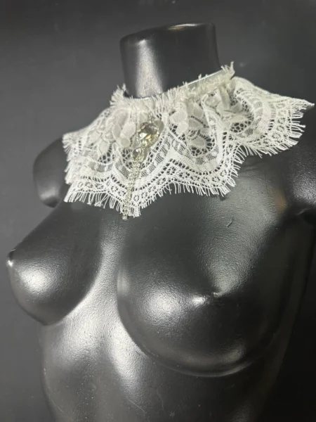 Ivory Victorian lace choker with ruffled collar, crystal pendant and chain – view 2