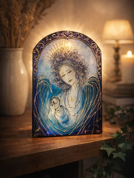 Madonna Luminis hand painted glass icon in soft blue and violet tones – view 2