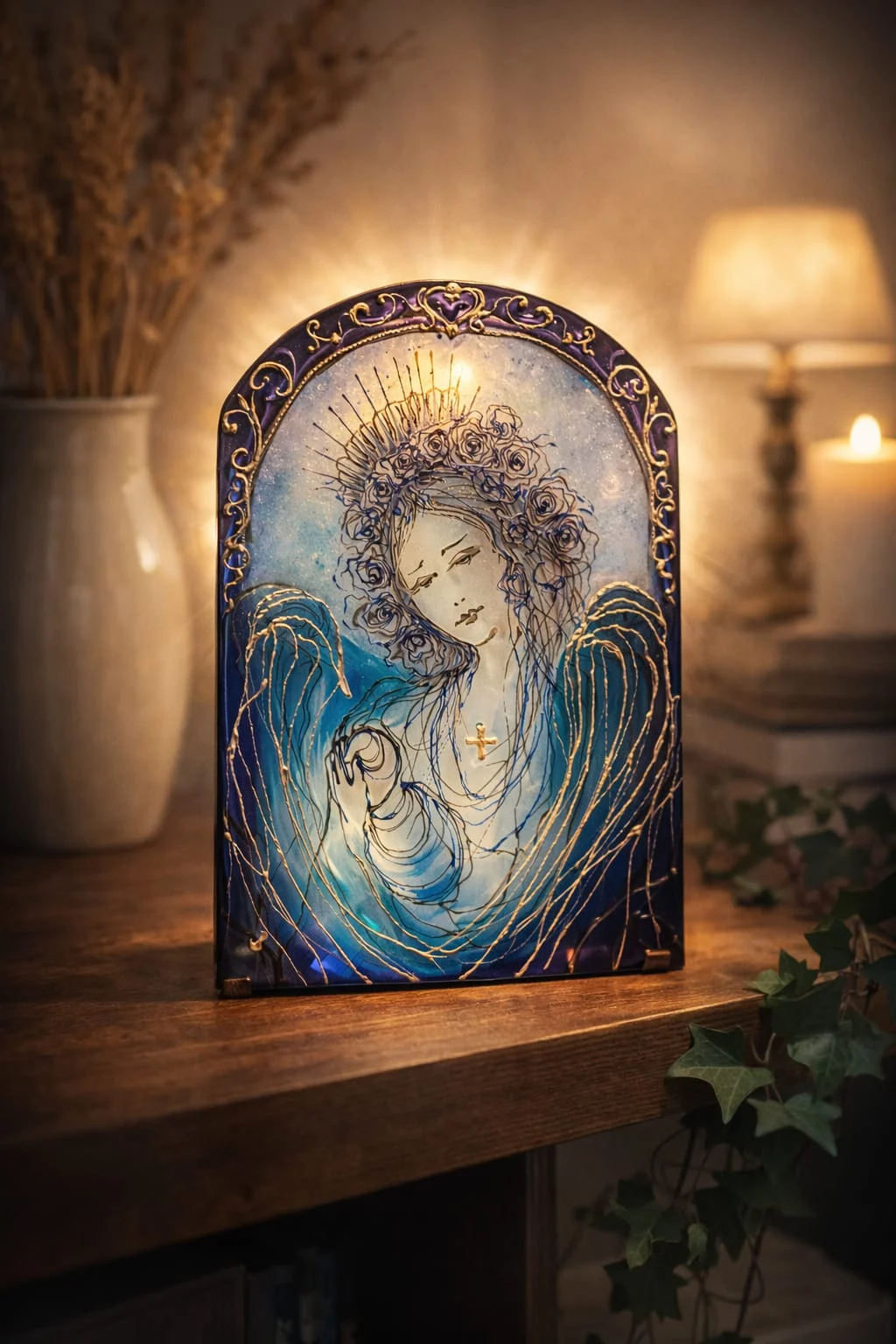 Madonna Luminis hand painted glass icon in soft blue and violet tones – view 2
