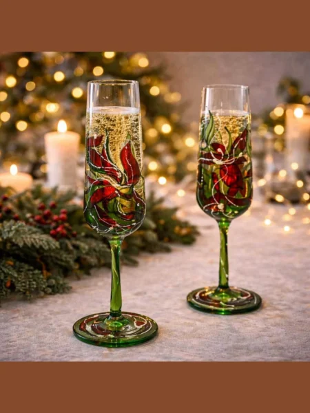 Verdant Kiss set of two hand painted champagne glasses in ruby red and vivid green – view 2