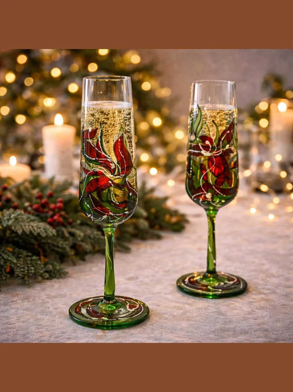 Verdant Kiss set of two hand painted champagne glasses in ruby red and vivid green – view 2
