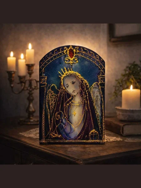 Madonna Aurea Custos hand painted glass icon with golden details and deep blue tones – view 2