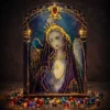 Madonna Aurea Custos hand painted glass icon with golden details and deep blue tones