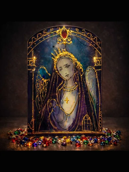 Madonna Aurea Custos hand painted glass icon with golden details and deep blue tones