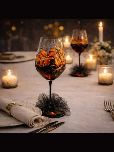 Ember Nocturne set of two hand painted wine glasses in amber with black lines and gold accents – view 2