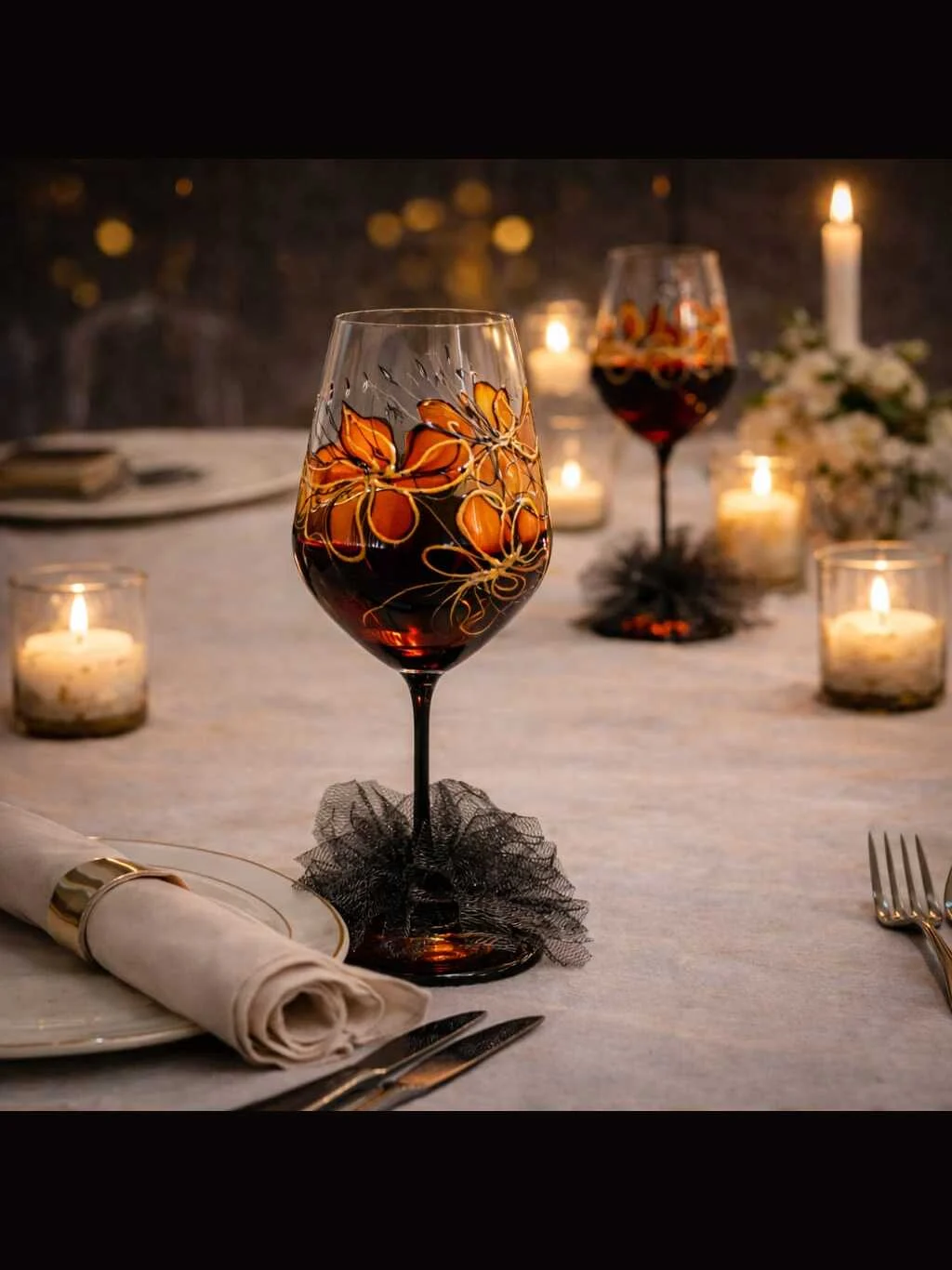 Ember Nocturne set of two hand painted wine glasses in amber with black lines and gold accents – view 2
