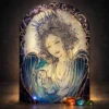 Madonna Luminis hand painted glass icon in soft blue and violet tones