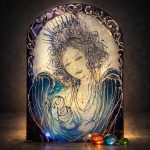 Madonna Luminis hand painted glass icon in soft blue and violet tones
