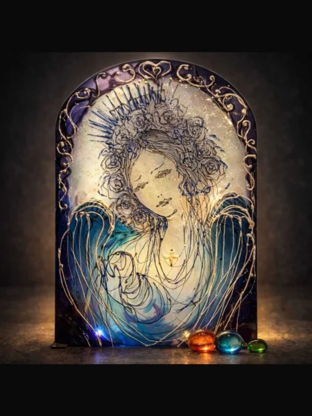 Madonna Luminis hand painted glass icon in soft blue and violet tones