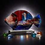 Tidal Flame Orata glass fish sculpture in deep blue with bold red accents