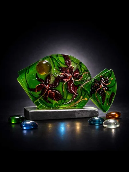 Verdant Pulse green glass fish sculpture with hand painted organic patterns and amber accent