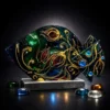 Aurelia Edition giant hand painted glass fish sculpture with golden lines on blue and crimson