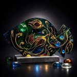 Aurelia Edition giant hand painted glass fish sculpture with golden lines on blue and crimson