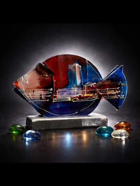 Tidal Flame Orata glass fish sculpture in deep blue with bold red accents