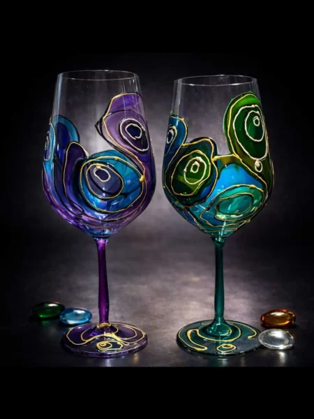 Abyssal Flow set of two hand painted glasses with flowing turquoise, emerald, and gold patterns