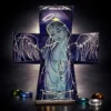 Angelus Noctis hand painted glass cross with angel figure and night-sky textures