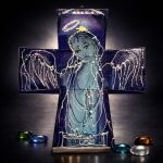 Angelus Noctis hand painted glass cross with angel figure and night-sky textures