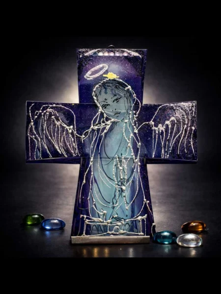 Angelus Noctis hand painted glass cross with angel figure and night-sky textures