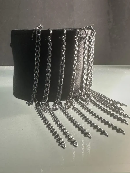 Black textured leather Chihuahua bracelet with dark silver chains